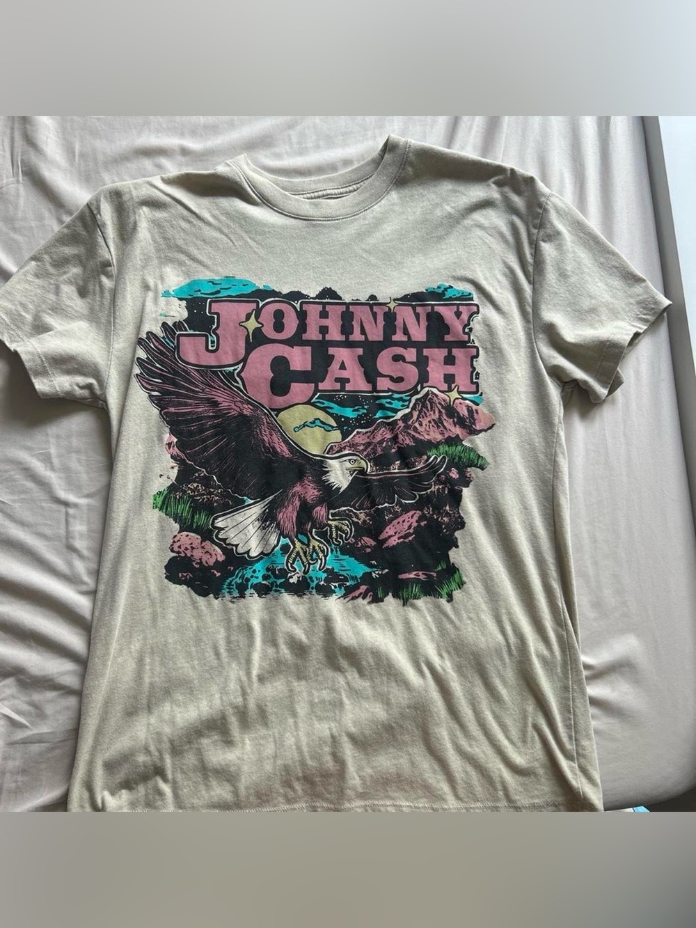 Ash Johnny Cash Graphic Tee - Cream with Pink & Teal Accents